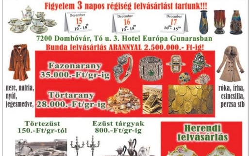 Ékszer-, régiség- és bundafelvásárlás lesz 3 napig Dombóváron